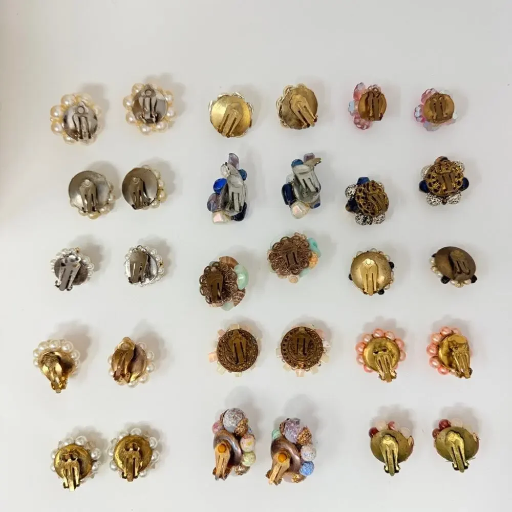 Lot of 15 Hong Kong Japan Cluster Flower Faux Pearl Shell Bead Clip On Earrings